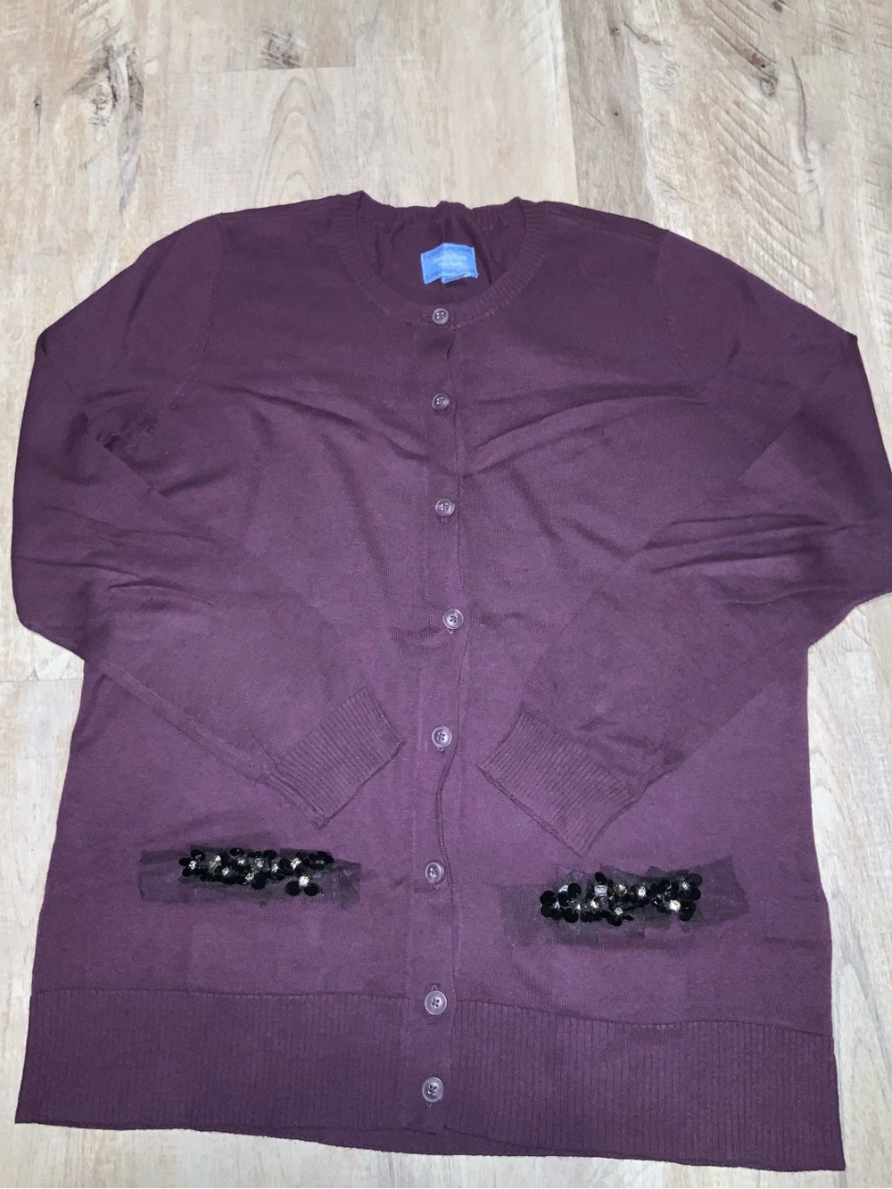 (Bin 28) Simply Vera Vera Wang, Plum Cardigan with Embellished Pockets, Size L
